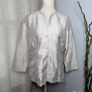 Eileen Fisher 100% Silk Crinkle Jacket Knot‎ Button Light Gray Women's Medium